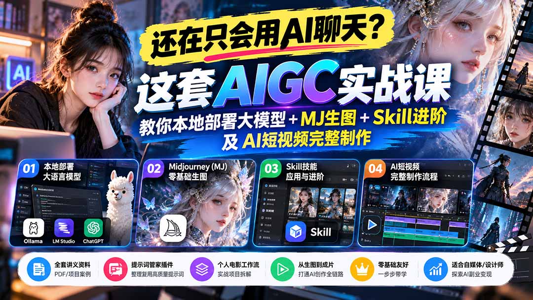 【无水印】还在只会用AI聊天？这套AIGC实战课教你本地部署大模型+MJ生图+Skill进阶及AI短视频完整制作-heixxmi