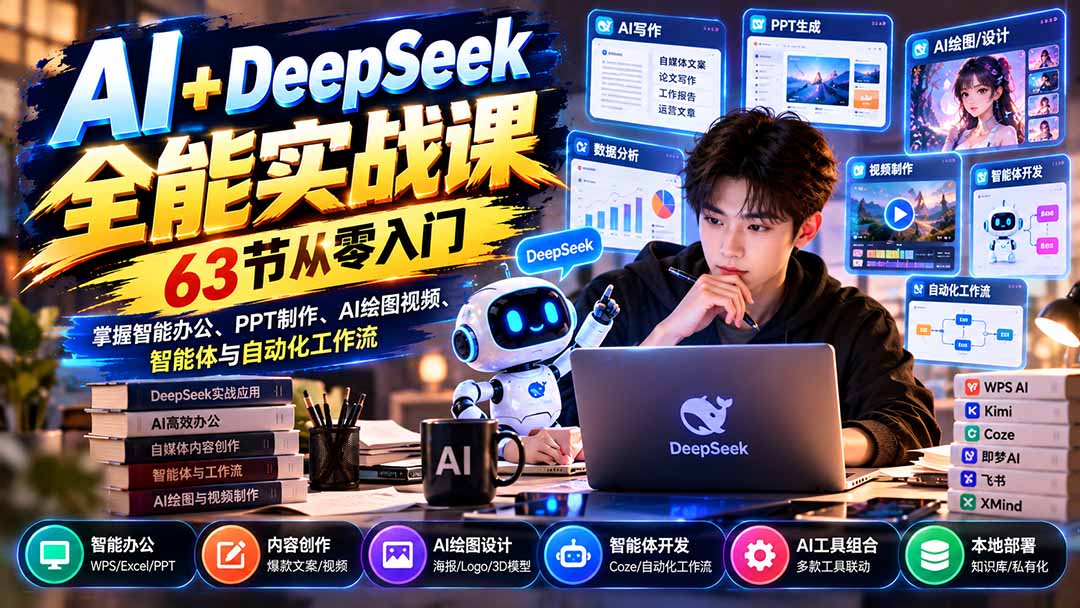 AI+DeepSeek全能实战课：63节从零入门，掌握智能办公、PPT制作、AI绘图视频、智能体与自动化工作流-heixxmi